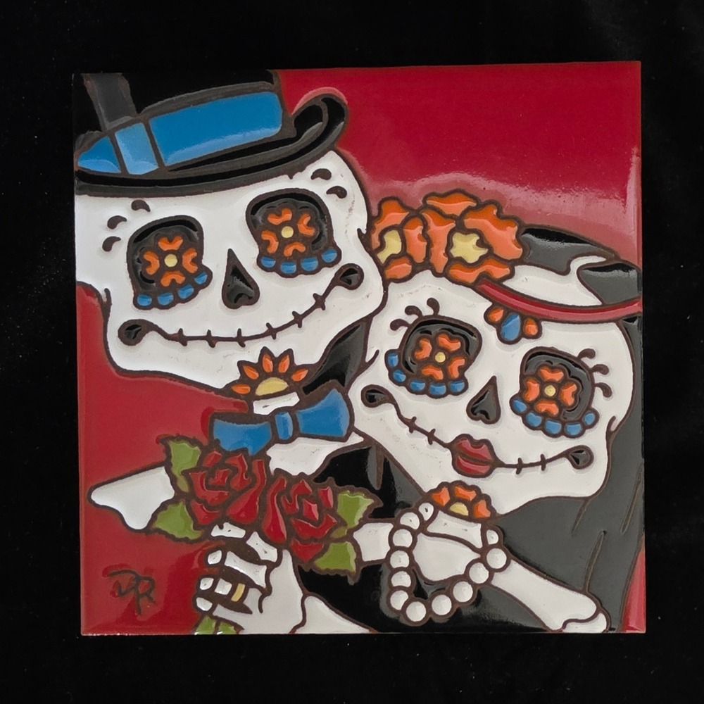 VTG Earthtones Hand N Hand Designs Day of the Dead Couple Ceramic Tile 6x6